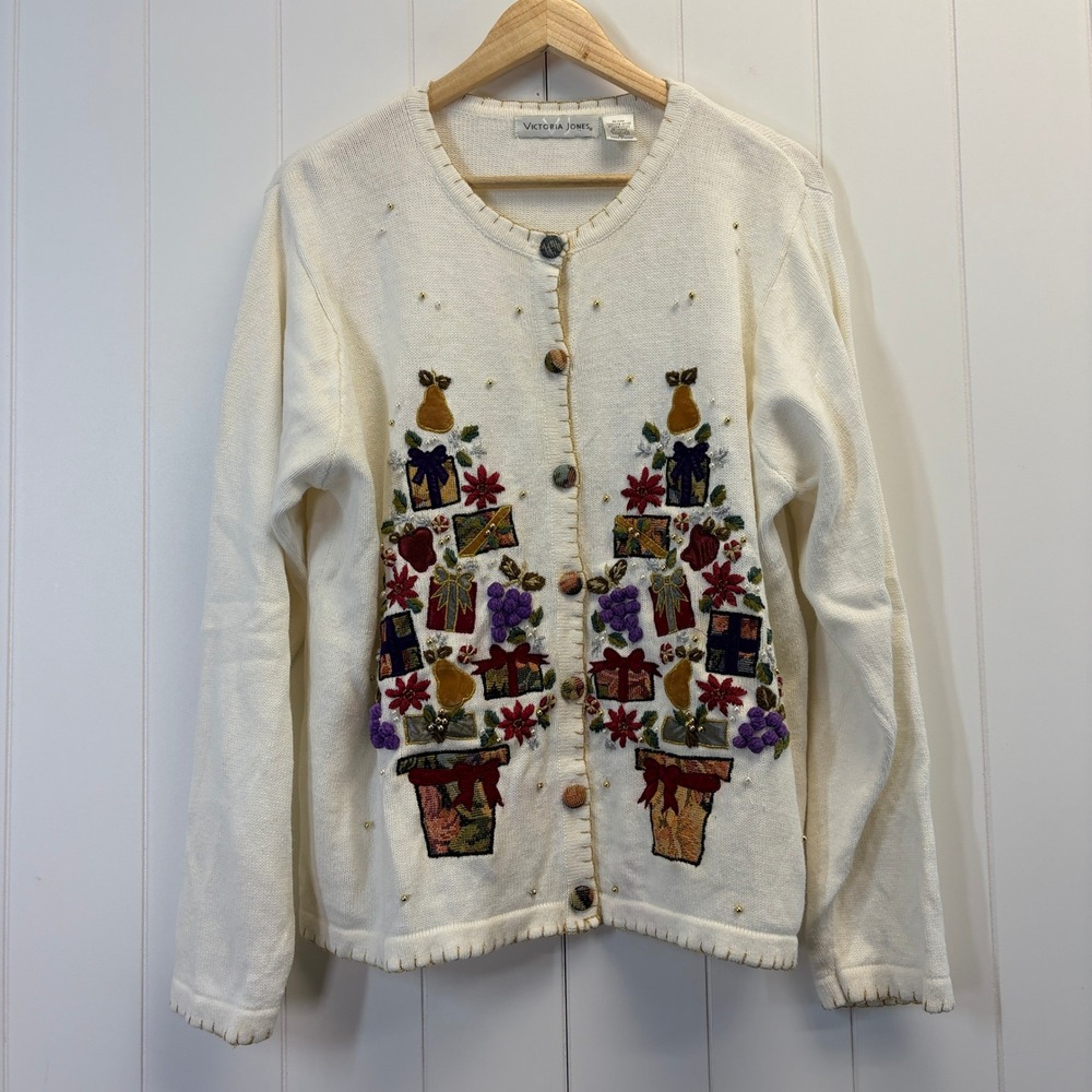 Vintage Victoria Jones Ugly Christmas Sweater Cardigan Women Size XL Grannycore